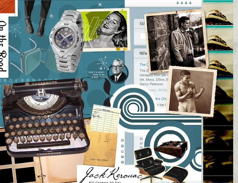 Collage de referencias visuales con una máquina de escribir antigua y fotografías en blanco y negro